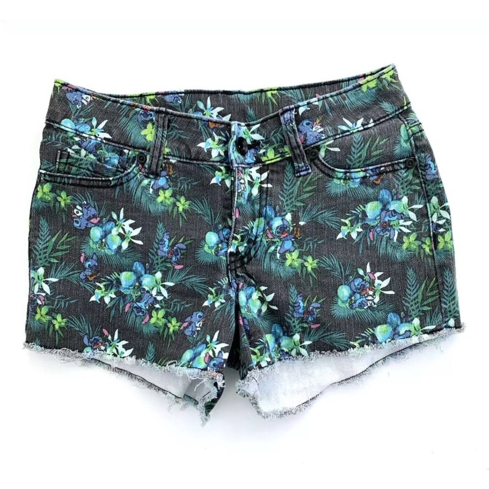 Disney Lilo & Stitch Denim Shorts Frayed Hem Stretch Hawaiian Tropical Jr Size 3